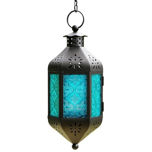 Vela Lanterns 11.5" Hanging Moroccan Decorative Candle Lantern Lamp – Indoor/Outdoor Tea Light Candle Holder for Patio, Porch, Ramadan or Home Decor, Aqua Blue