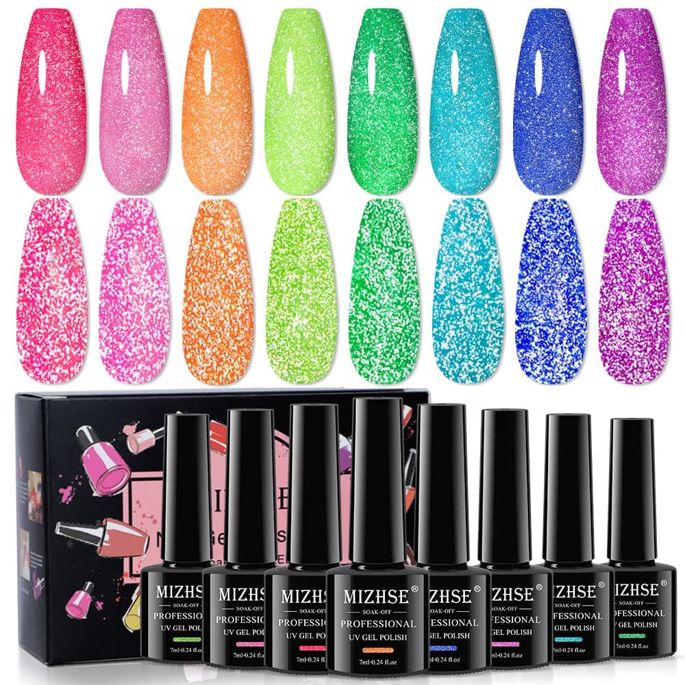 MIZHSE Mood Temperature Color Changing Nail Polish Set Glow in the Dark Gel Nail Polish Black Pink Green Blue Yellow Orange 8 Colors Soak Off Gel Polish for Nail Art Manicure DIY at Home