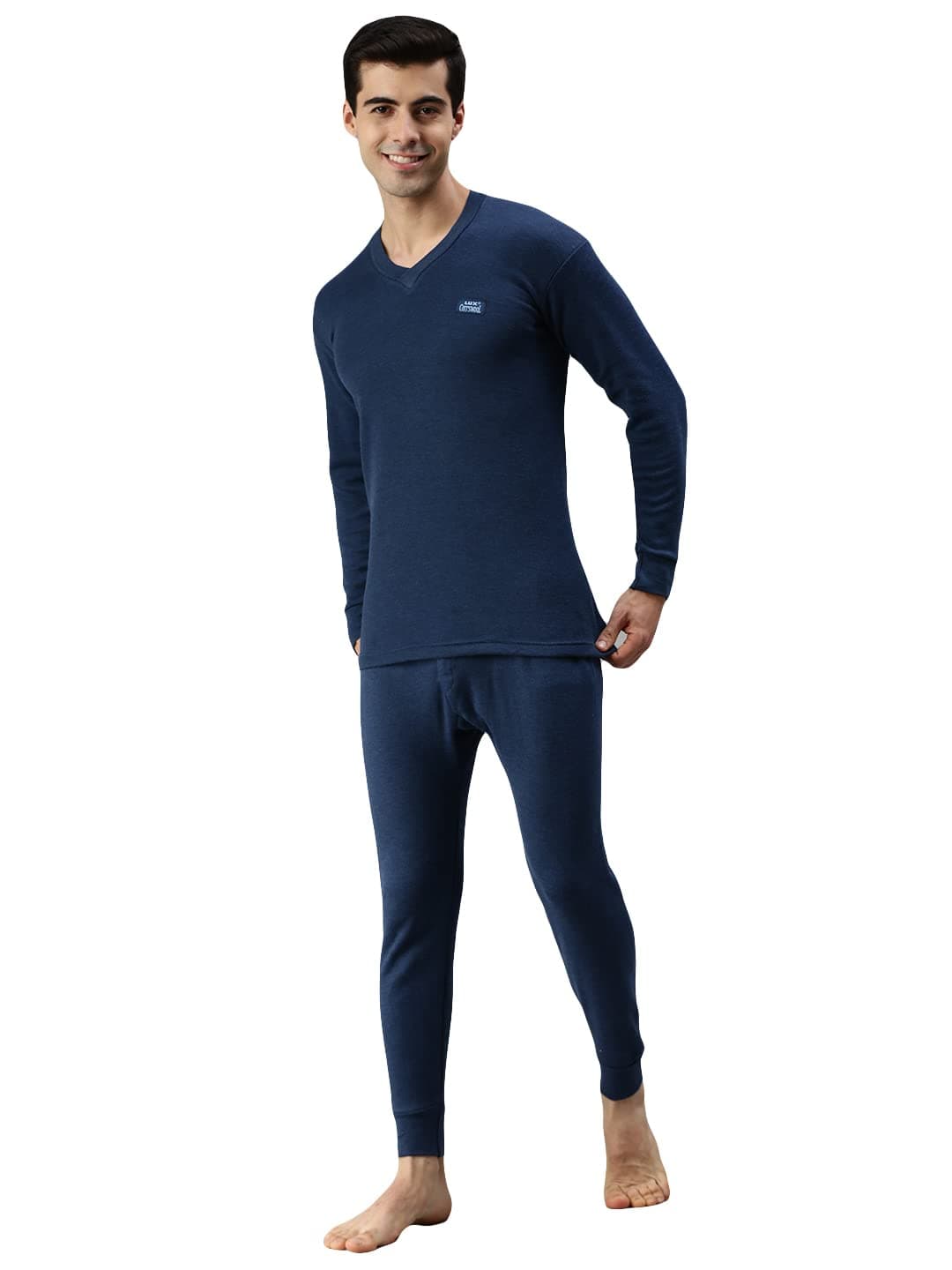 Lux Cottswool Men's Cotton Thermal Set (COTT_Black_FS_Vneck_TRO_Set_L-90)