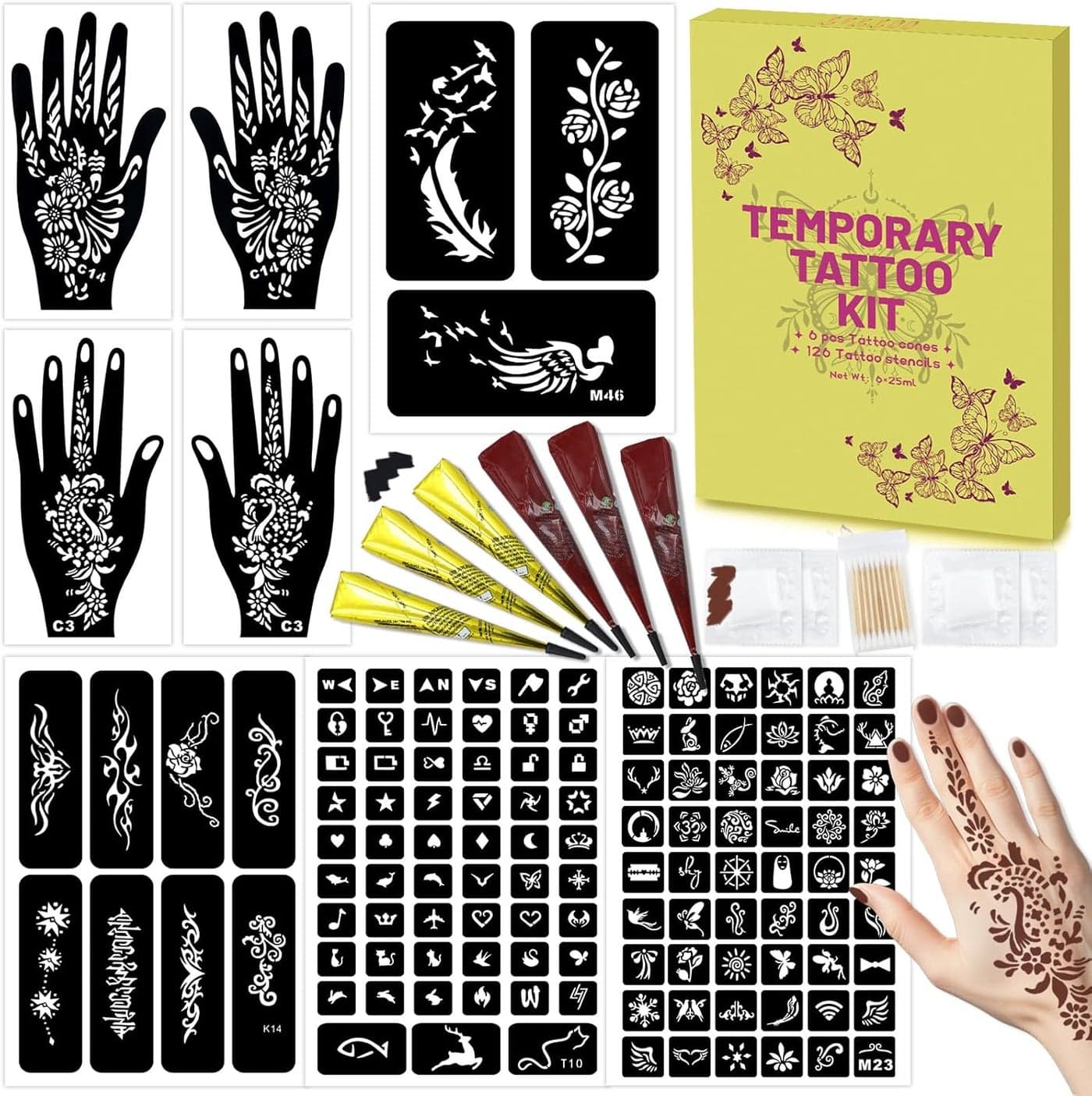 126 PCS Temporary Tattoos Stencils KitTemporary Tattoos Kit 6 Pcs Tattoo Cones 2 Color Brown Black with GlovesDIY Body Art Skin Painting Designs for Women Men Adults Kids