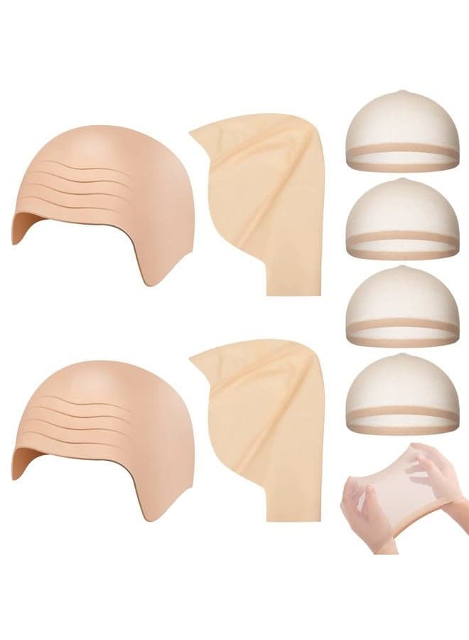 8 Pcs Halloween Bald Head Cap Party Costume Include 4 Makeup Latex Bald Caps and 4 Hair Wig Caps for Adults Women Men(Multi Style)