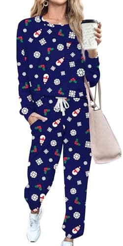 RUBZOOF Lounge Wear for Women 2 Piece Set Long Sleeve Tracksuits Casual Outfits Pajama Sets Christmas Blue S