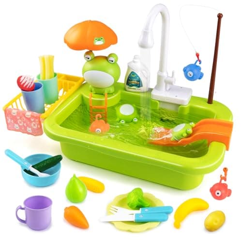 Play Sink with Running WaterKids Sink Toy with Automatic Water Cycle SystemSink Fishing Game Toy with Food Kitchen AccessoriesKids Role Play Dress Up Dishwasher Toys for Boys and Girls Present