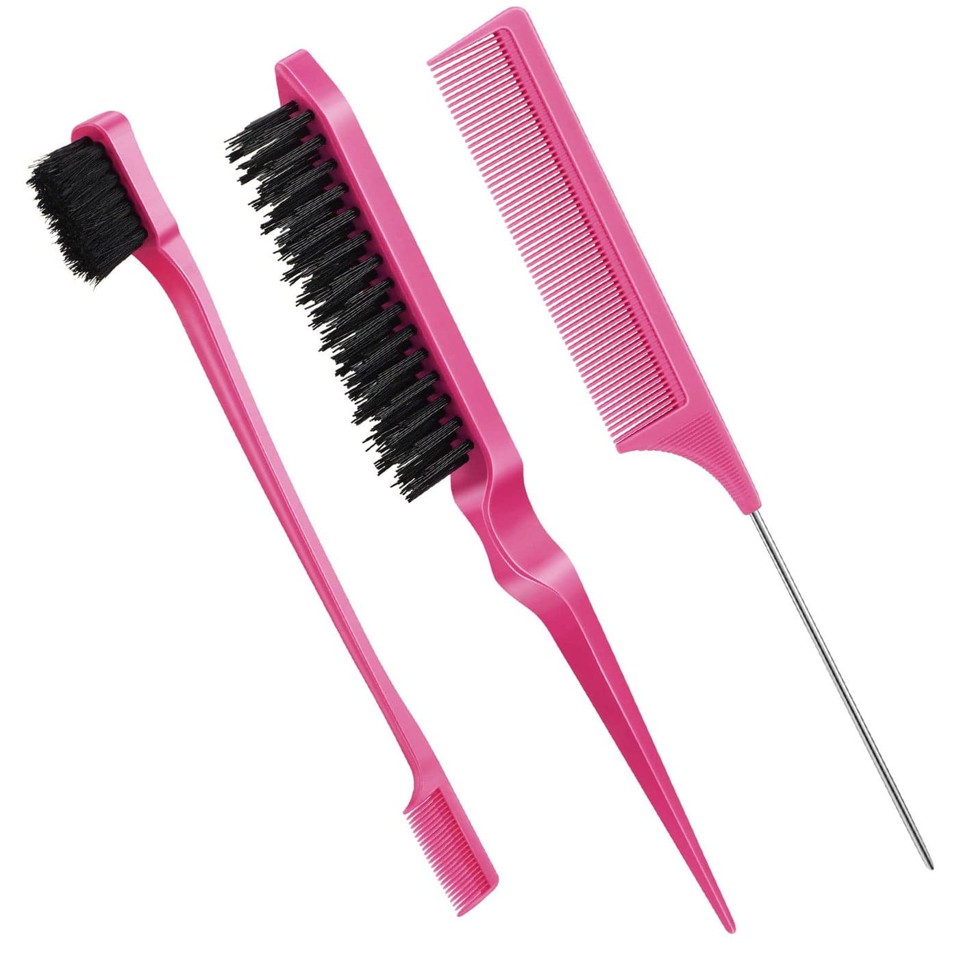 Geiserailie 3 Pcs Slick Back Hair Brush Set Bristle Brush Edge Control Teasing Comb for Women Black HairRose Red