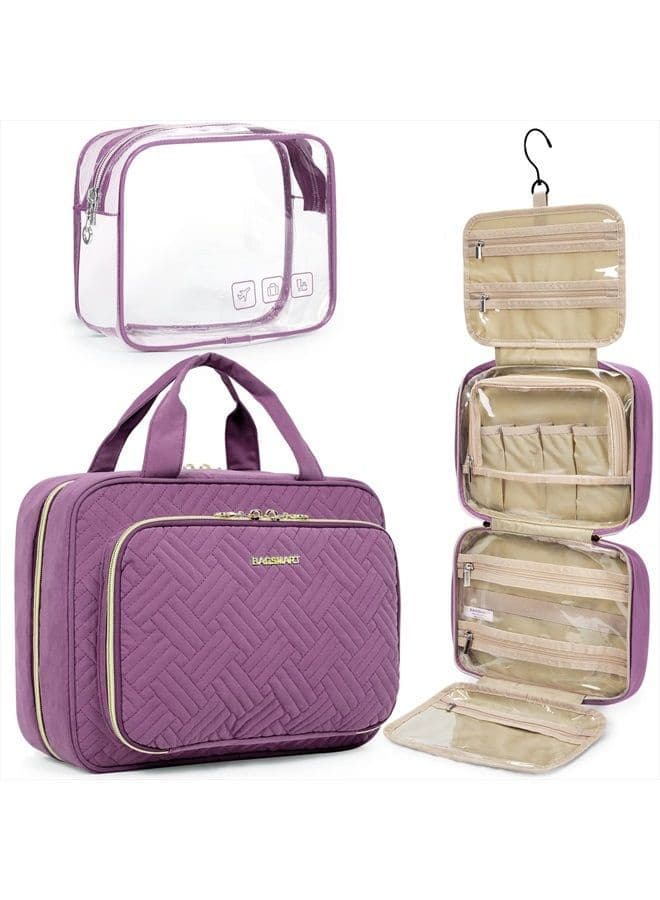 Toiletry Bag Hanging Travel Makeup Organizer with TSA Approved Transparent Cosmetic Bag Makeup Bag for Full Sized Toiletries (Purple, Large)