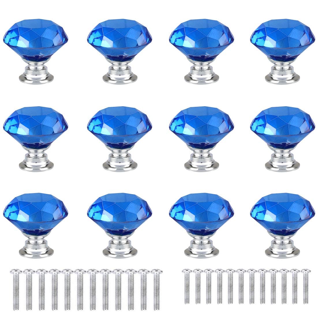 ANJUU 12 Pcs 30mm Diamond Shape Crystal Glass Cabinet Knobs with Screws Drawer Knob Pull Handle Used for Kitchen Dresser Door Cupboard Blue