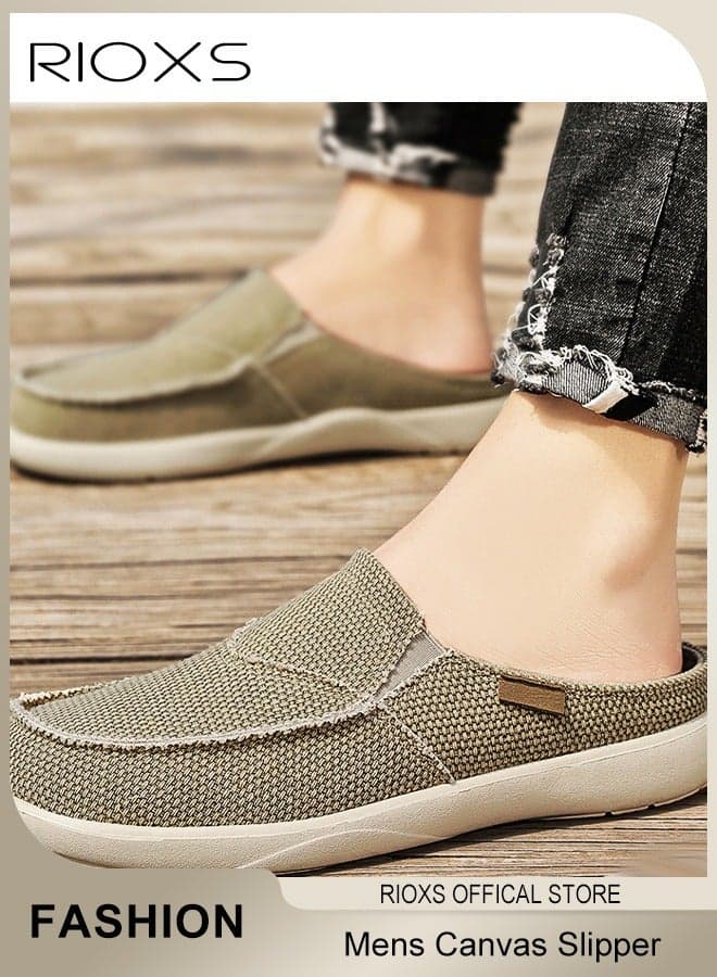 Men's Loafer Mules, Classic Canvas Slippers with Arch Support, Slip On Casual Loafers Shoes for Men, Outdoor Indoor House Slipper for Male, Fashion Slide Clog Mules, Anti-Skid Open Back Loafers, Flats for Walking/ Going Out/ Shopping, Khaki Loafers