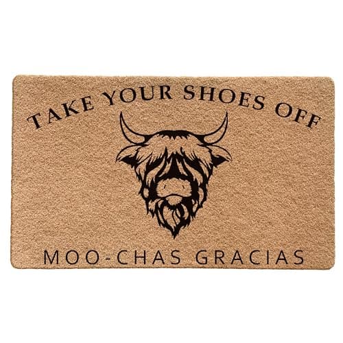 LUVADIAN Take Your Your Shoes Off Door Mat Funny Highland Cow Welcome Mats for Front Door Shoes Off Doormat Please Remove Your Shoes Doormat Funny Front Door Mats Outdoor Entrance 17x30 Inch