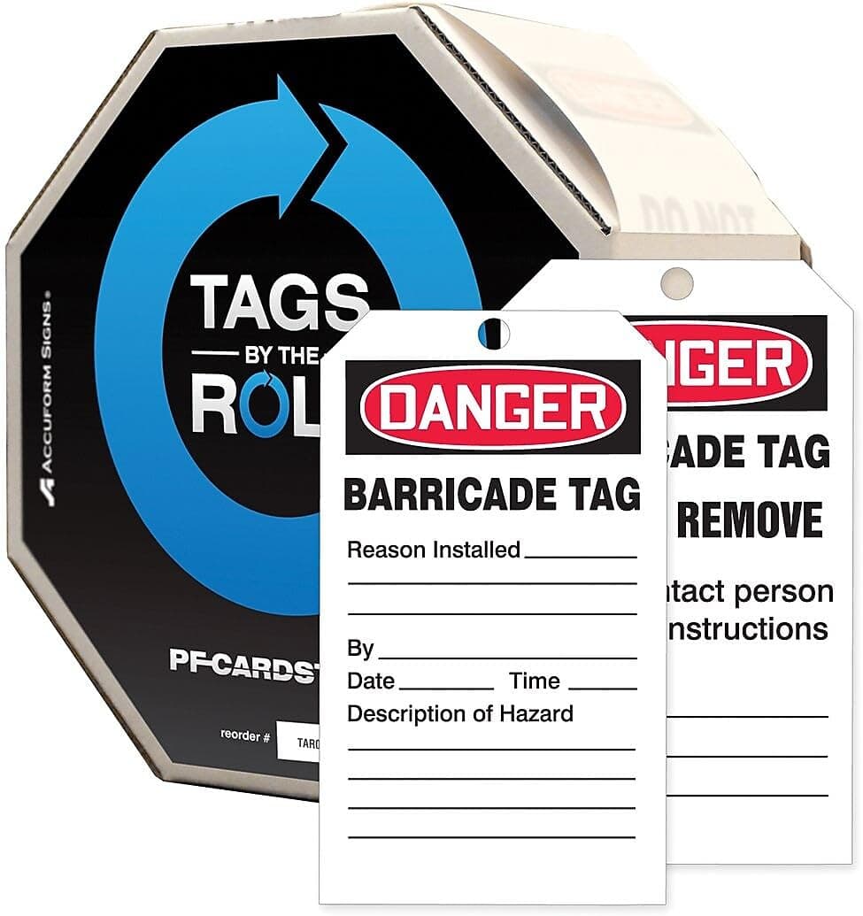 AccuformNMC NMC 250 Safety Tags by-The-Roll, Caution Barricade, OSHA Compliant Tags, Waterproof PF-Cardstock, Resists Tears, 6.25"x3", TAR158, American Made Safety Tags, Signs, and Labels