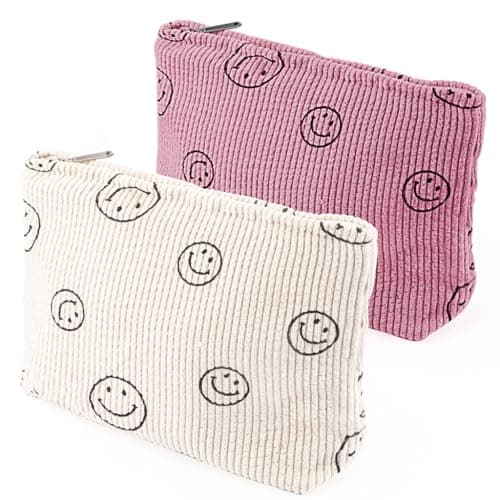 ZIBUYU® 2PC Makeup Pouch Bag with Zipper Travel Organizer Pouch for Women Fashion Smile Dots Face Print Corduroy Organizer Makeup Kit Bag, Small Toiletry Cosmetic Bags for Daily Washing(25X20X6Cm)