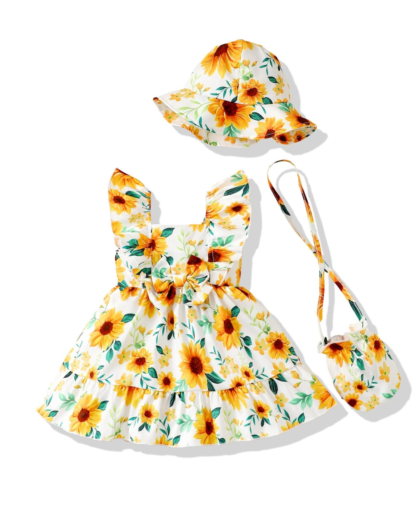 Renotemy Baby Girl Summer Dress Infant Boho Outfits Yellow Sunflower Casual Floral Sundress with Hat Sleeveless Party Beach Vintage Dresses Baby Girl Clothes 6-9 Months 12 Months