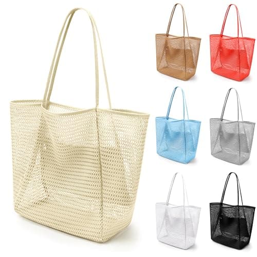 VOROLO Mesh Tote Beach Bag,Women Fairycore Hobo Bag,Shoulder Bag,Soft Summer Casual Crochet Bags(Beige)