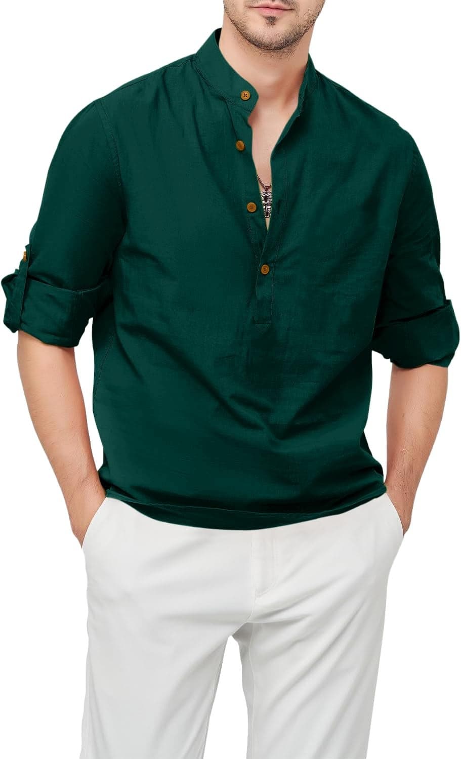 Zombom Men's Cotton Blend Mandarin Collar Self One Design Full Sleeve Casual Short Kurta Green