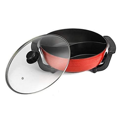Delavala Electric Heating Hot Pot MultiFunction Non Stick Smokeless Pot with Steamer Cooker with Lid Heat Frying Pan Steaming Hot Pot Cooking Cookware for Kitchen Red