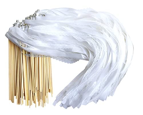 Kingsnow 100 Pieces Lace Wedding Ribbon Wands with Triple Ribbon and Silver Bell Wand Silk Fairy Stick Wand Streamers Party Ribbon Sticks Magic Fairy Wands for Wedding Bridal Shower Photo Prop Send