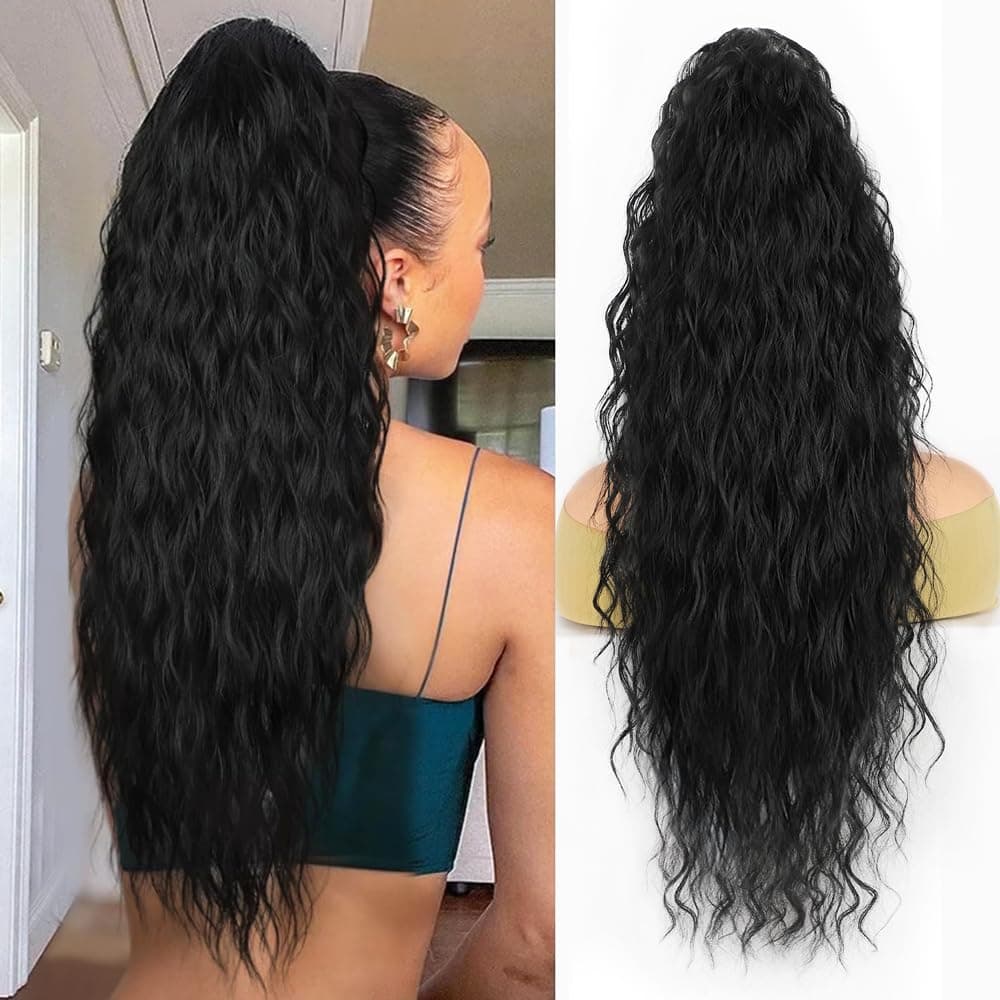 26 Inch Long Black Drawstring Ponytail Extension for Women Synthetic Long Curly Wavy Clip in Ponytail Hair Extensions for Daily Party Use 26 Inch Black