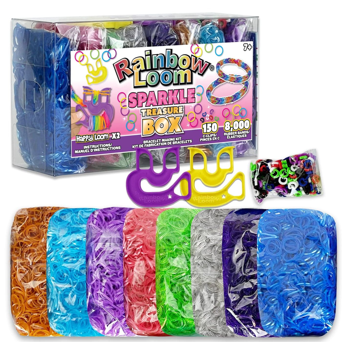 Rainbow Loom Treasure Box Sparkle Edition 8000 Rubber Bands in 8 Different Sparkly Colors and a BONUS of 2 Happy Looms Great Activities for Boys and Girls 7