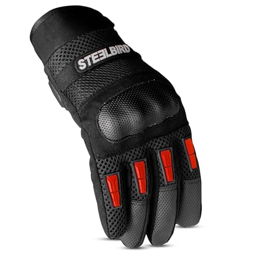Steelbird Polyester Khardungla Full Finger Bike Riding Gloves with Touch Screen Sensitivity at Thumb and Index Finger, Protective Off-Road Motorbike Racing (Red, M, Ambidextrous)