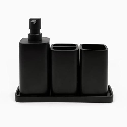 ZCCZ Matte Black Bathroom Accessory Sets 4 Pieces Bathroom Accessories Complete Set Vanity Countertop Accessory Set Includes Lotion Dispenser Soap Pump Tumbler Toothbrush Holder and Tray