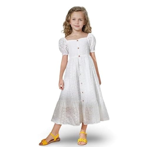 Niren Enterprise White Eyelet Cotton Square Neck Puff Sleeves Knee Length Dress for Girls (Schiffli Gown 6-7 Years)