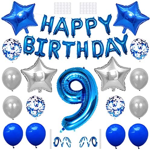 Xihuimay 9th Birthday Decoration Happy Birthday Banner Balloon 9 Year Old Birthday Party Supplies Helium Balloons 32 Number 9 Balloon Confetti Latex Balloon Star Heart Foil Balloon Blue Silver