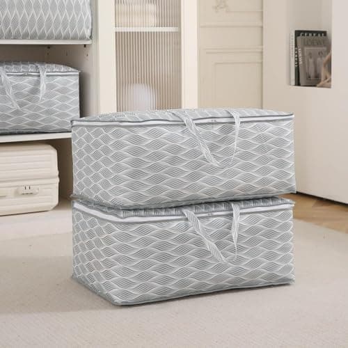 HOKIPO Large Clothes & Blanket Storage Bag | 60x40x25 cm | Non-Woven Fabric with Moisture-Resistant Coating | 2 Pc | Foldable Bag with Zipper & Handles | Fits Wardrobe & Underbed (NEW-AR-5821 * 2)
