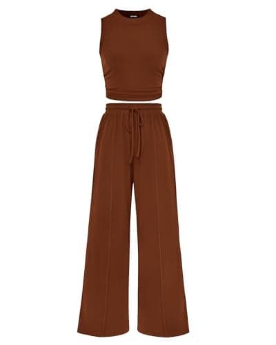 BTFBM Summer Outfits For Women 2026 Ribbed Sleeveless Tank Tops Wide Leg Pants 2 Piece Sets Lounge Set Clothing(Brown, Medium)