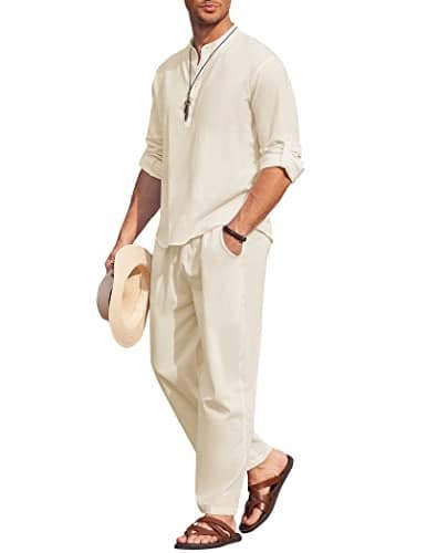 COOFANDY Mens 2 Pieces Cotton Linen Set Long Sleeve Henley Shirts Casual Beach Pants With Pockets Summer Yoga Outfits