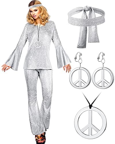 Haysandy 70s Women Disco Costume Set Disco Outfit Shinning Sparkly Dress Jumpsuit for Carnival Halloween(Small)
