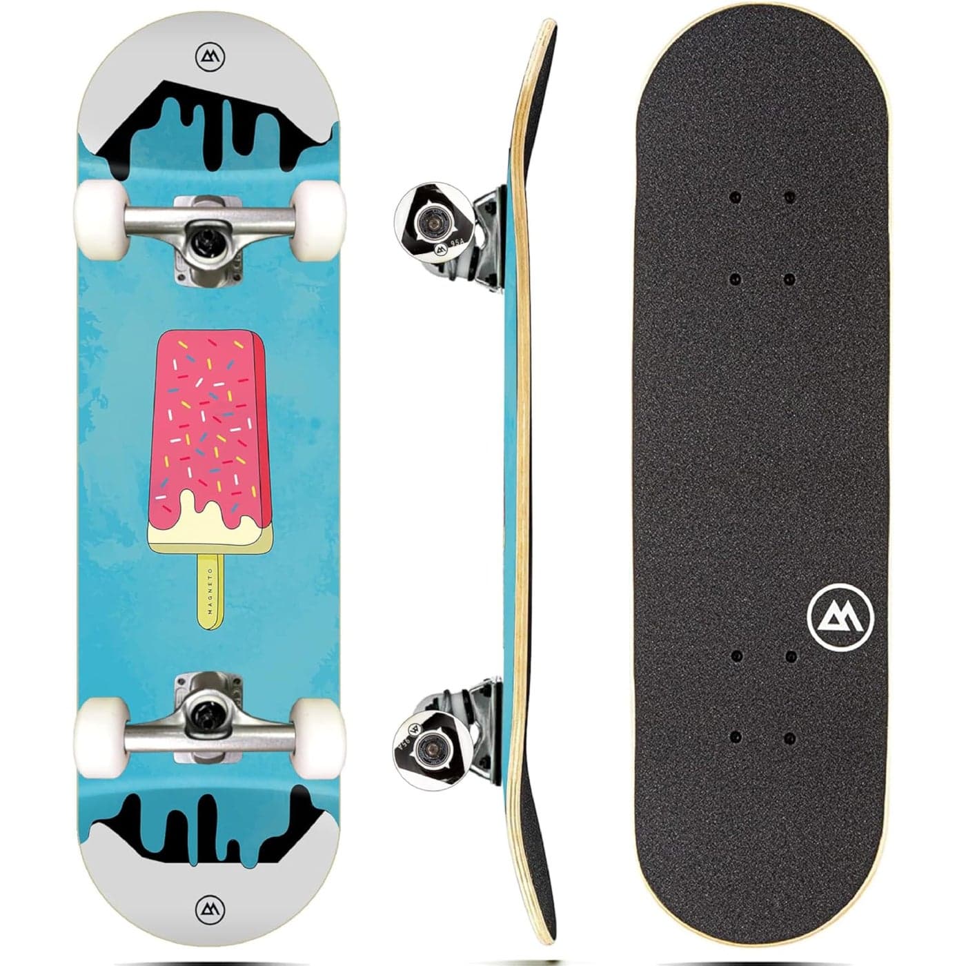 Magneto Kids Complete Skateboard for Girls 275 x 775 Ice Cream Maple Deck Double Kick Concave 80Grit Grip Tape 51mm 95A Wheels ABEC5 Bearings 5 Aluminum Trucks Beginner Skateboard