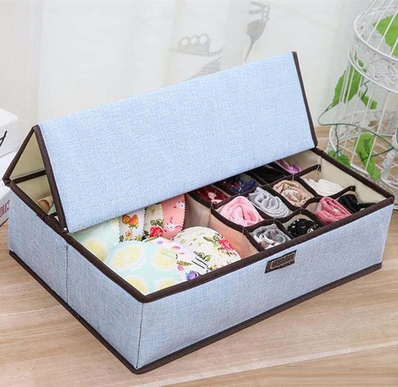 PRAMANTA Undergarments Storage Box with Lid Wardrobe Drawer Divider Organizer Collapsible Closet Storage for Innerwear Bra Panty Socks Tie Scarf 1Pcs Plain Light Blue