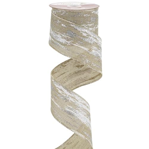 MEEDEE 212 Inch White and Silver Glitter on Natural Burlap Birch Bark Wired Ribbon 10 Yard Roll Bark Christmas Ribbon for Gift Wrapping Christmas Tree Wreath Supplies Rustic Home Decor
