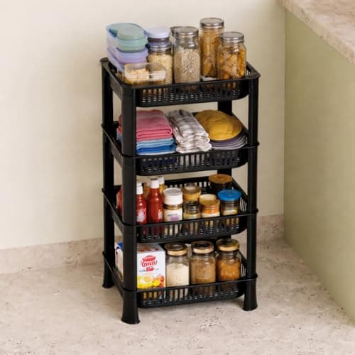 Biltoxi Plastic Multipurpose Kitchen Storage Rack Basket & Organizer – Stackable Shelves for Onion, Potato, Vegetables, Fruits, Grocery & Household Items (4 Layer, Black)