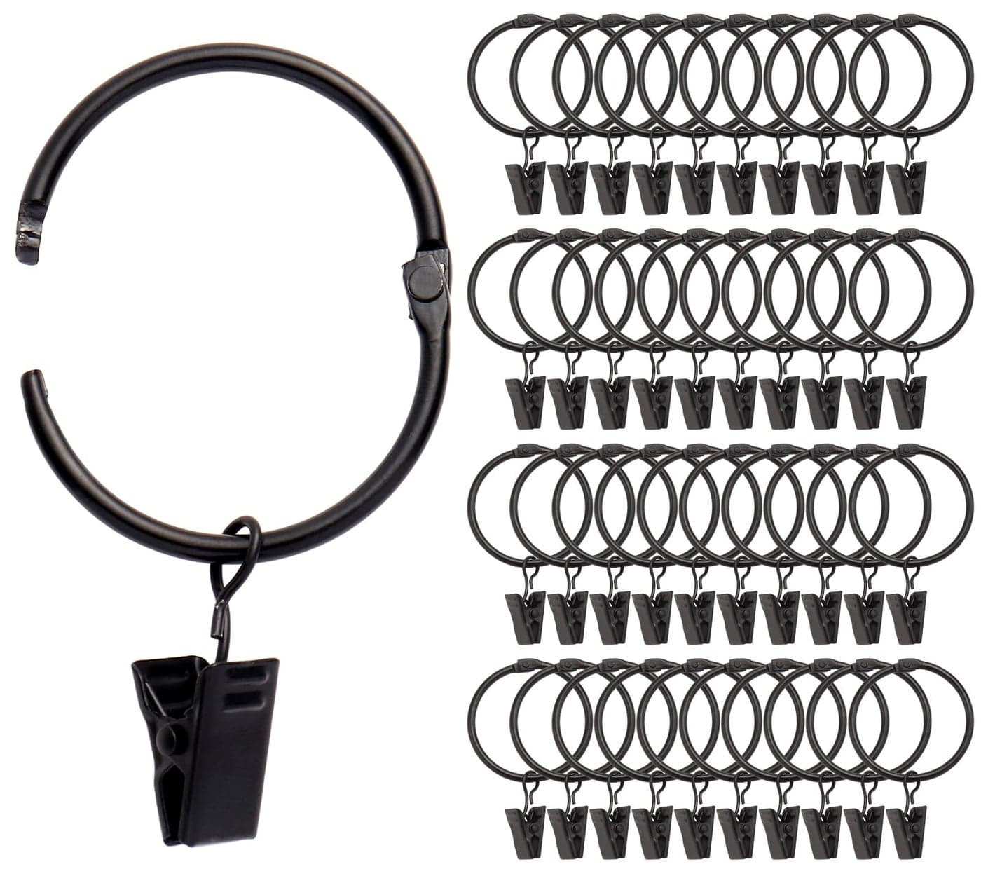 Fivebop 40 Pack Rings Curtain Clips Rustproof Metal Window Drapery Decorative Clips Vintage Heavy Duty Eyelet Curtain Rods Hangers Rings with Hooks 15In Inner Diameter BlackOpen