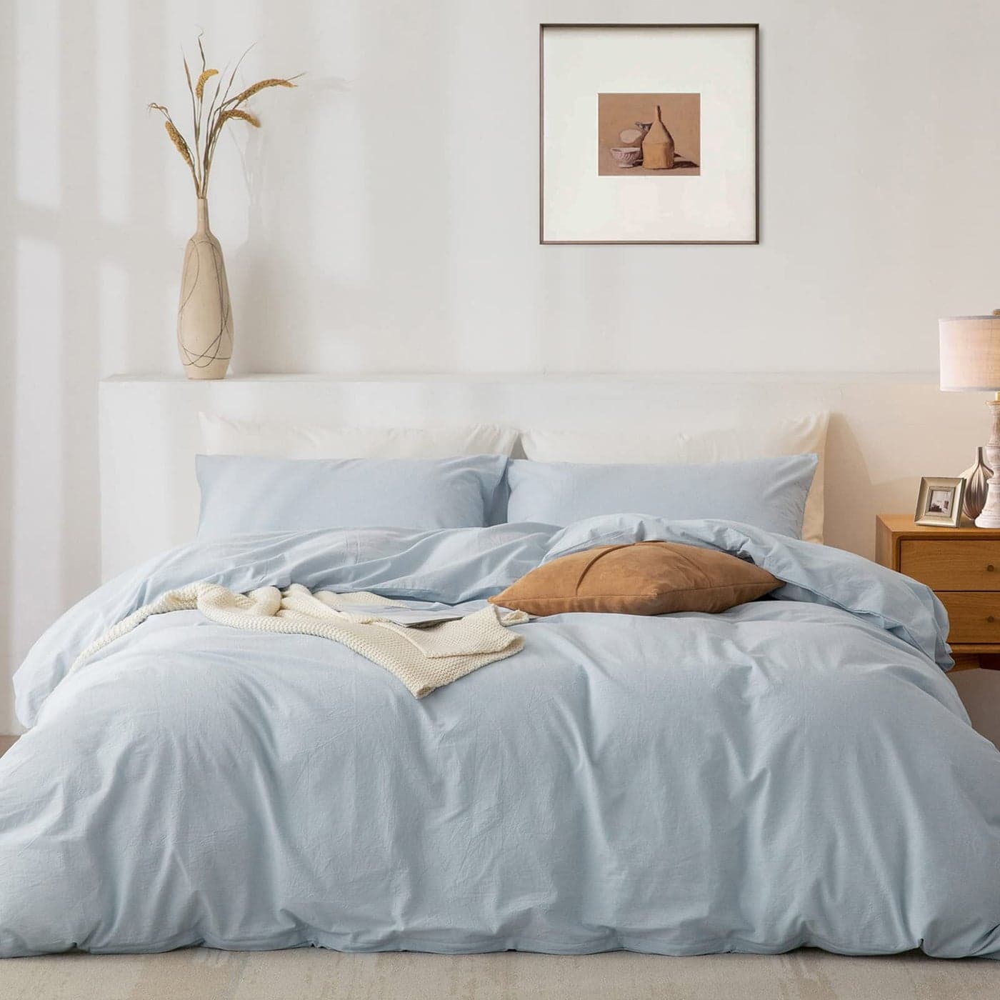 TIPTOE BEAR Queen Duvet Cover Set 100 Washed Cotton 3 Pcs Soft Comfy Breathable Chic Linen Feel Bedding 1 Duvet Cover and 2 Pillow Shams Baby Blue
