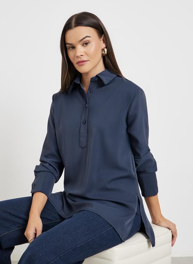 Blue Longline Shirt with Half Placket