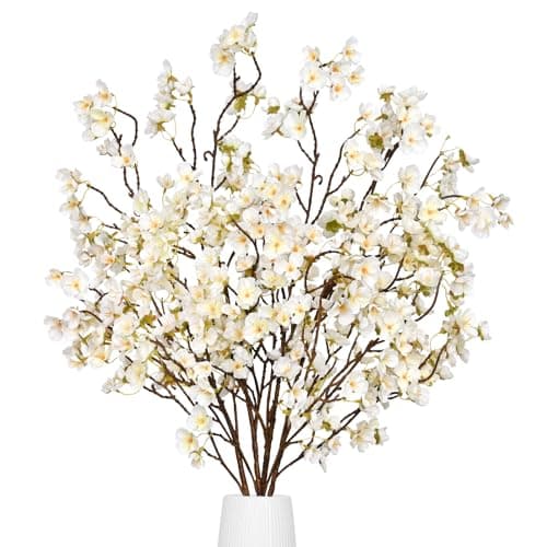 Waipfaru 4 Pcs Cherry Blossom Branches 40 Faux Cherry Blossom Tree Stems Decor Long Stem Artificial Flowers for Tall Vase Fake Flowers for Spring Home Indoor Outdoor Decoration White