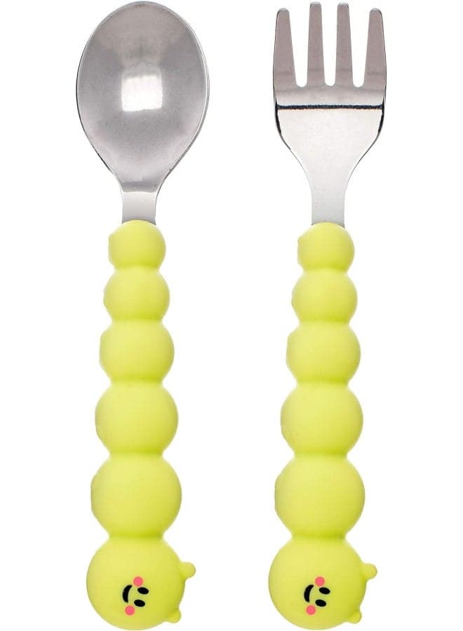 Caterpillar Spoon and Fork Set for Toddlers - Silicone and Stainless Steel Utensils with Easy Grip Handles - BPA Free and Durable - Yellow