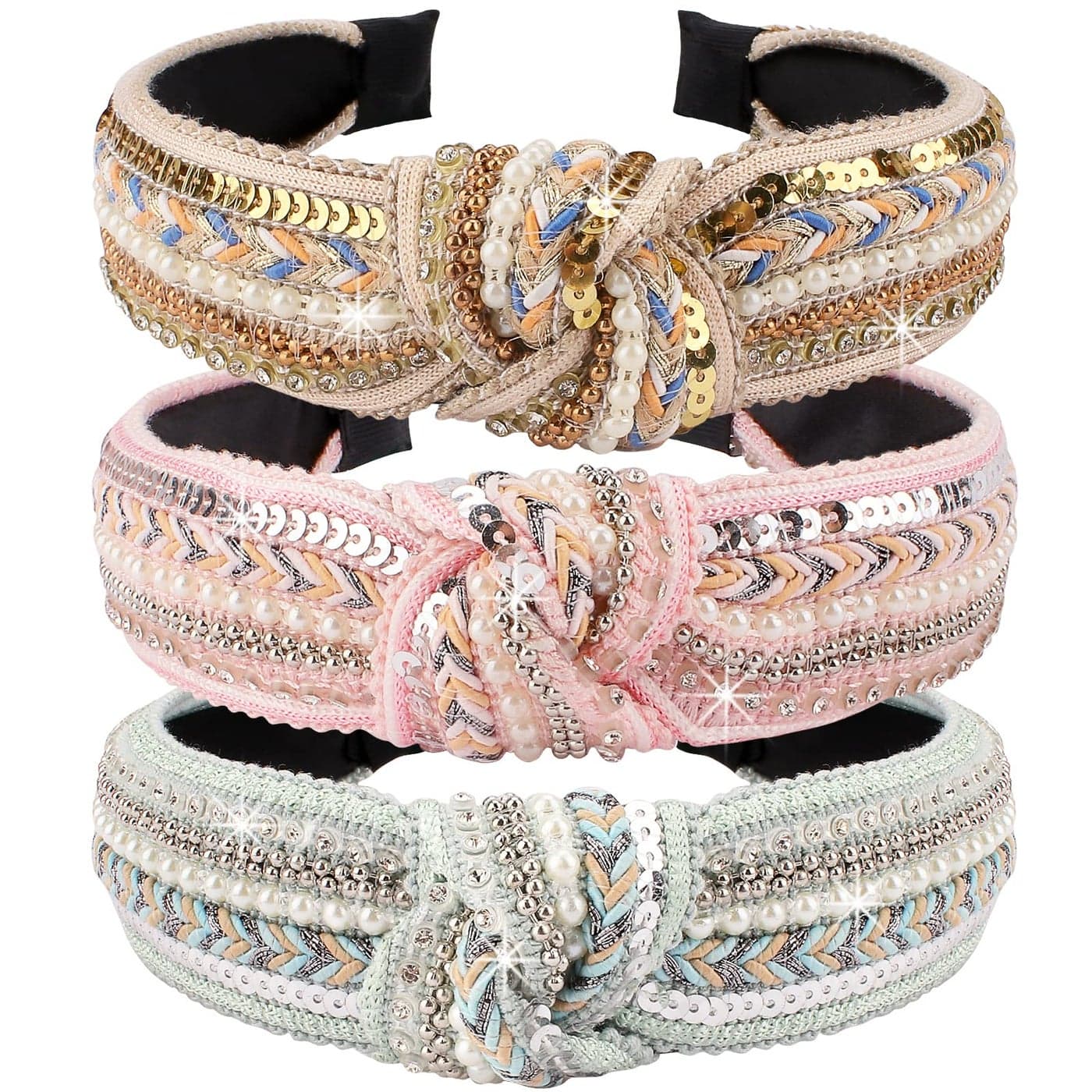 Knotted Headbands for Women TOBATOBA 3 Pack Rhinestones Pearl Beaded Headbands Top Knot Boho Headbands Wide Turban Crystal Pearl Sequin Headbands Vintage Non Slip Diamond Beaded Bling Hair Band Diademas con Perlas