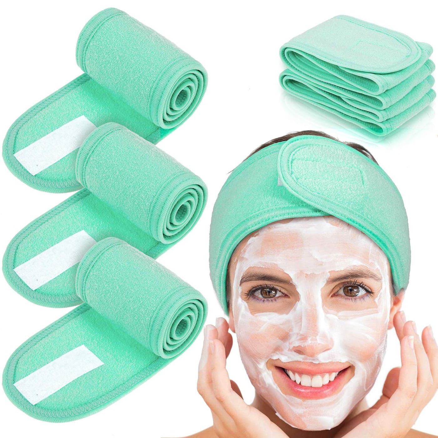 Whaline 4 PCS Spa Headband Make up Hair Band Stretch Terry Cloth Headband for Sport Yoga Shower Mint Green