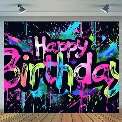 Neon Happy Birthday Banner 71x43 Photography Backdrops Party Background Decorations Colorful Graffiti Splash Paint Kids Birthday Supplies Glow in The Dark