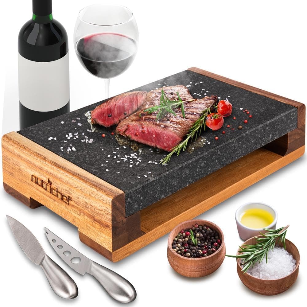 Nutrichef Cooking Stone Grill Set Hot Lava Rock Sizzling Plate for Steak BBQ Meat Grilling with Stainless Steel Knives Cooks and Retains Heat Flavor Heated Tray for Serving Food