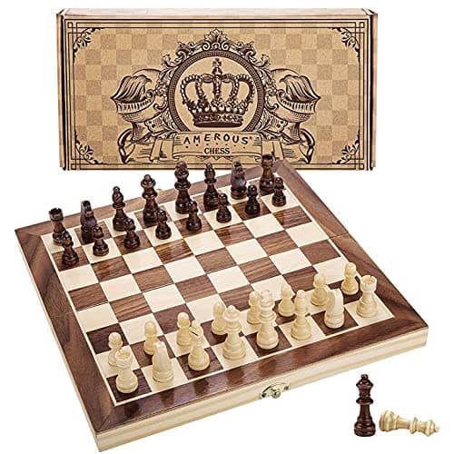 AMEROUS 12 x 12 Magnetic Wooden Chess Set for Kids and 6 up Age 2 Bonus Extra Queens Folding Board with Storage Slots Handmade Chess Pieces Portable Travel Chess Board Game Sets