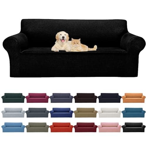 Cupuamon 2025 New Stretch Sofa Slipcovers Couch Cover for 3 Cushion Furniture Protector Sofa Covers with Elastic Bottom Jacquard Fabric Small Checks for Pets, Kids -Sofa, Black