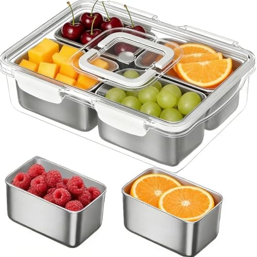 kidinit Snackle Box Container, Stainless Steel Snack Tray with Lid and Handle, 4-Compartment Divided Serving Tray for Fruit Veggie Candy, Large Snack Platter for Travel Party Beach Picnic