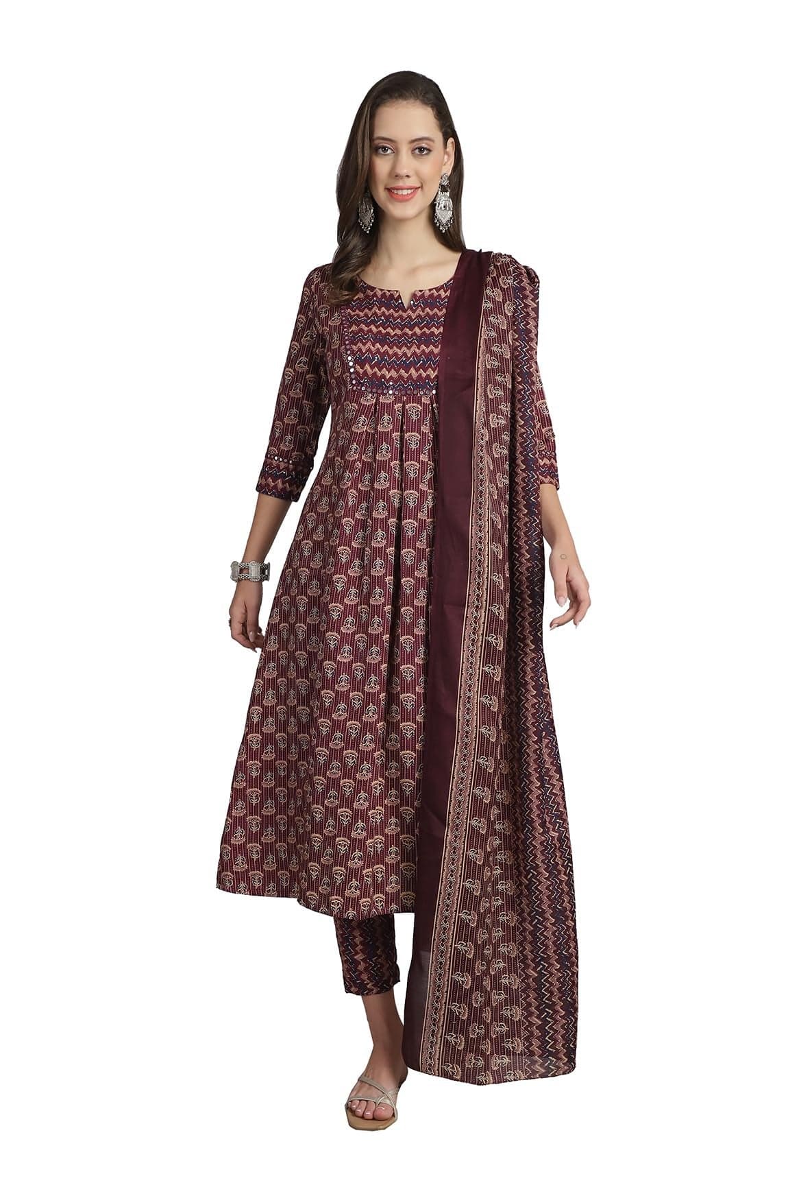 Merira Womens Cotton Blend Jaipuri Printed Kurta Pant Dupatta Set (MRAST218-3XL_Wine & Beige_3XL)