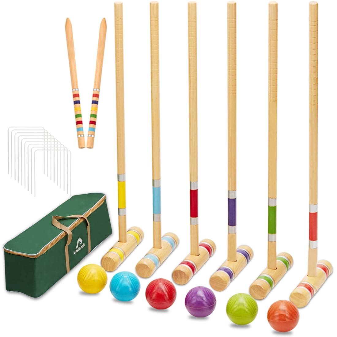 ApudArmis Six Player Croquet Set with Premiun Rubber Wooden Mallets 28InColored BallWicketsStakes Lawn Backyard Outdoor Game Set for AdultsTeenagersFamily Large Carry Bag Including