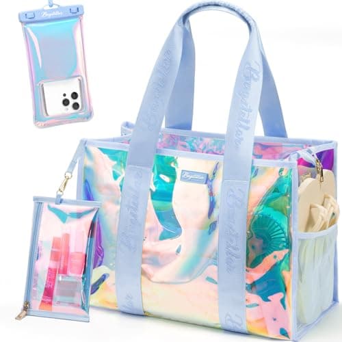 Bagstellar Beach Bags for Women 3 PCS Large Iridescent Clear Beach Tote Bag with Zipper Makeup Bag Waterproof Phone Pouch Case Sandproof Crossbody Swim Pool Bag Summer Vacation Travel Essentials