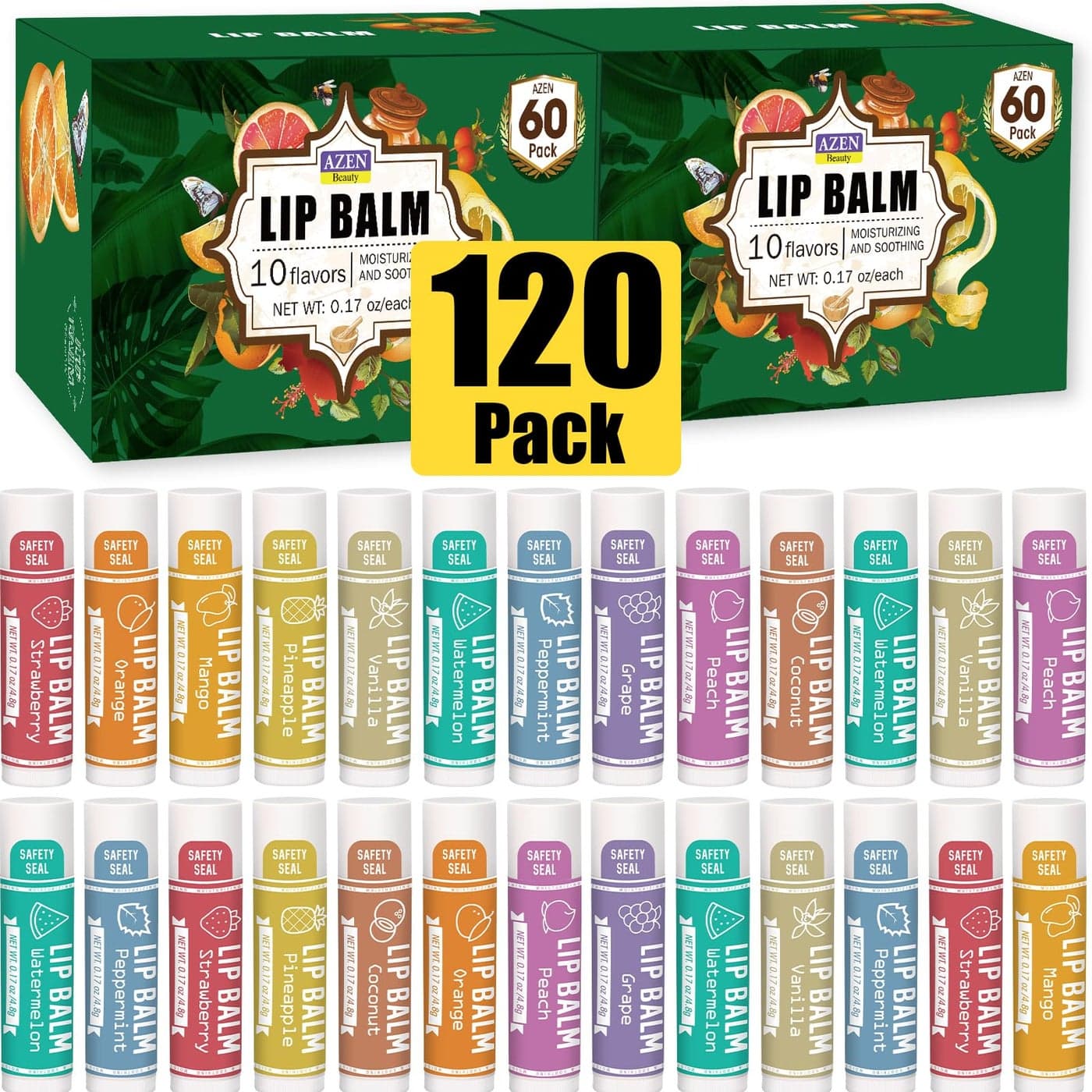 AZEN 120 Pack Lip Balm Natural Lip Balm Bulk Lip Care Product Christmas Stocking Stuffers Christmas Gifts for Women Girls 10 Flavors