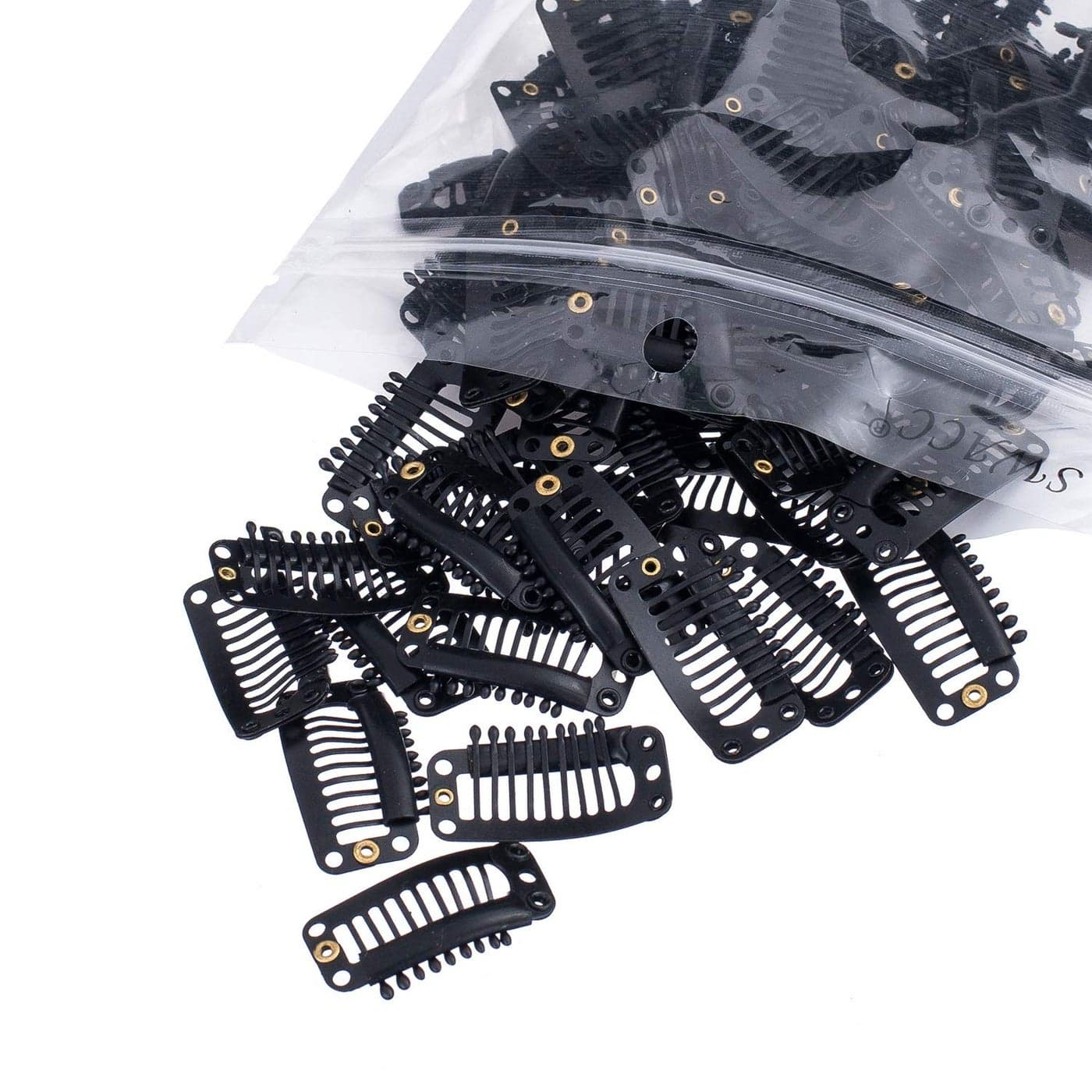 SWACC 100 Pcs U Shape Metailic Snap Clips ins for Hair Extension Hairpiece DIY SnapComb Wig Clips with Rubber Black 9Teeth 6 Holes